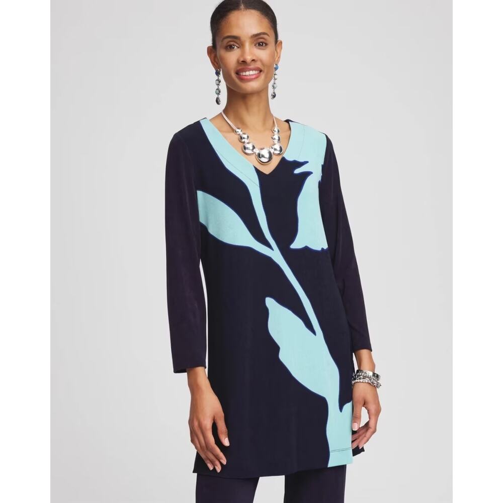Chicos Travelers Tunic Size 2 (Womens Large) Navy Aqua Floral Artsy V-Neck Knit